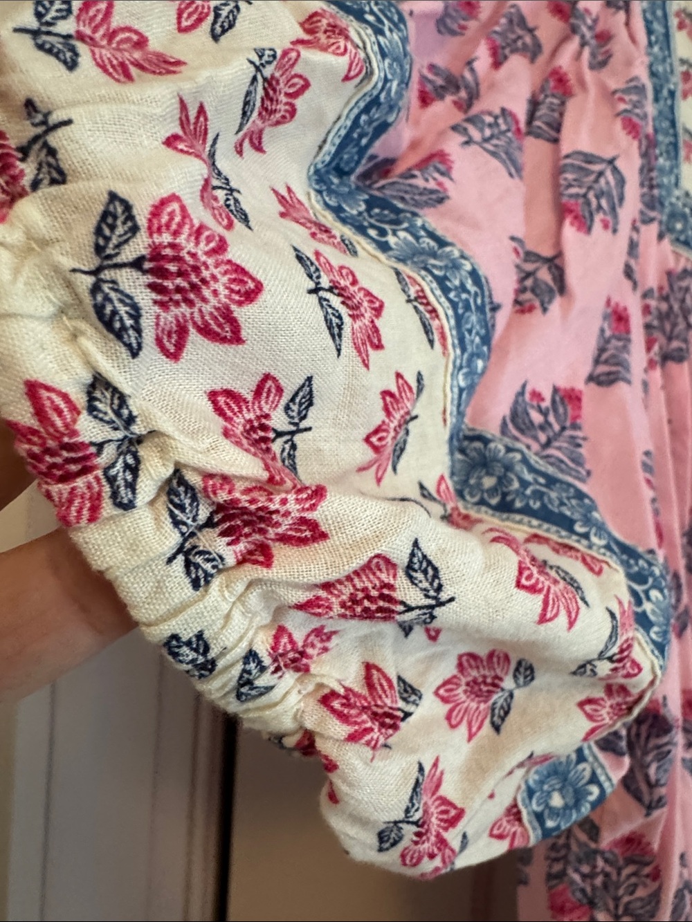 Women's Pink Floral Peasant Top with Blue Trim - Picture 3 of 5